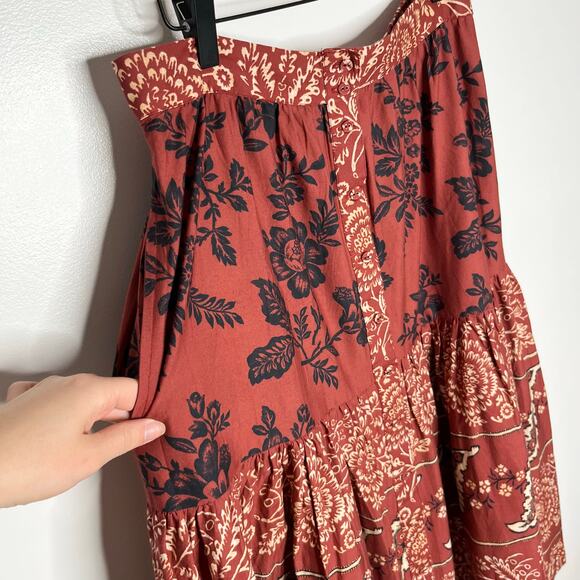 Sundance Midi Skirt Womens Large Rust Red Floral Boho Tiered Pockets Cotton - Picture 5 of 9